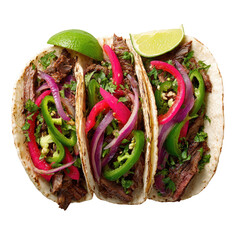 Three savory meat tacos with vibrant toppings and lime wedges