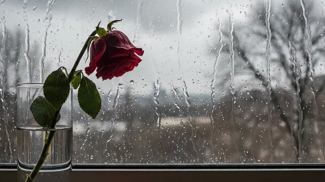 A Heartbreak Bloom Single Red Rose Weeping with Rain, a Symbol of Loss and Longing