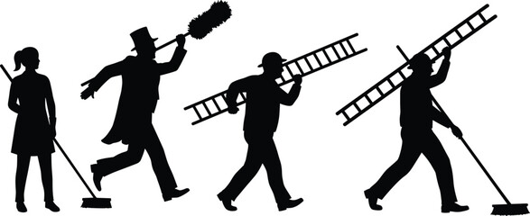Silhouette of chimney sweeps and workers carrying ladders and cleaning tools, traditional chimney cleaning and maintenance concept illustration