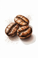 Three coffee beans, artistically rendered with brown hues and subtle shading, on a white surface