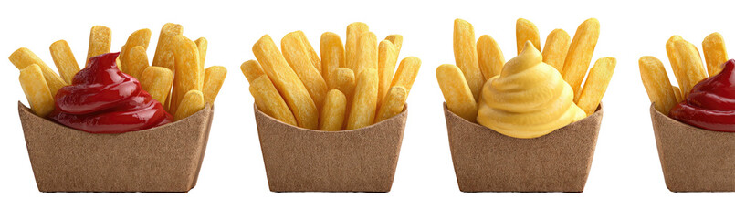 Delicious french fries in paper containers with ketchup and cheese sauce