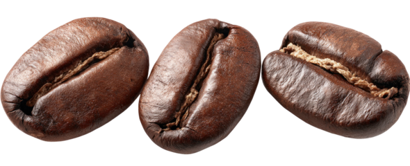 Three roasted coffee beans with detailed texture on a black background