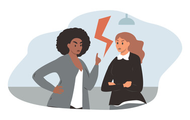 A vector illustration depicting a quarrel and tense relationships at work. Two women are arguing in the office.