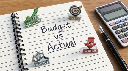 Words ‘Budget vs Actual’ on notebook, placed beside a calculator, highlighting variance, performance, goals, and analysis
