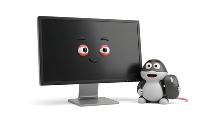 Cartoon computer monitor and mouse on white background