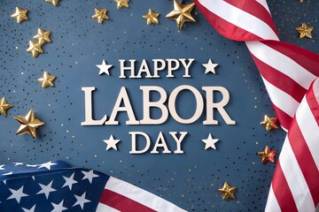 Happy labor day celebration with american flags and stars