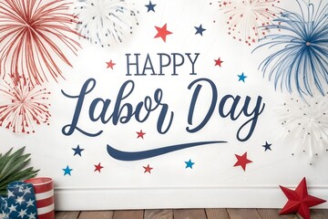 Festive happy labor day decoration with fireworks and american flag