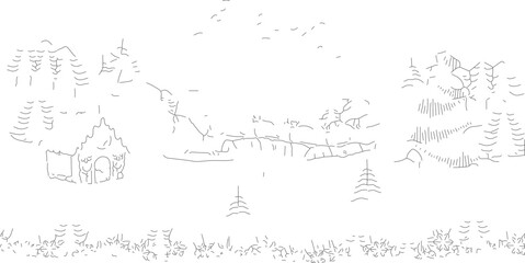 Fototapeta premium Winter landscape scene with cabin and trees in the snow.