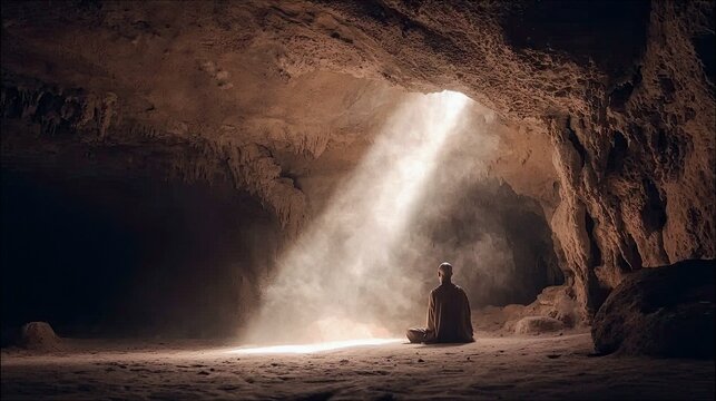 A lone adult person sits in a meditative pose inside a dimly lit cave, illuminated by a strong beam of sunlight piercing through an opening above. Dust motes ar