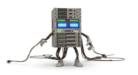 Cartoon server with cables and arms on white background
