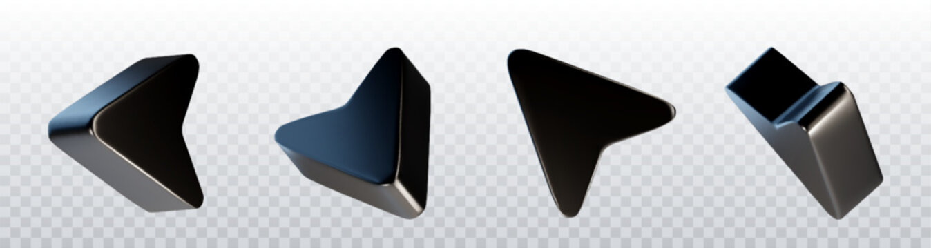 Chrome arrow icons in dark metallic finish with polished edges and realistic shadows. 3d triangular pointers from multiple angles on transparent background for sleek interface application design.