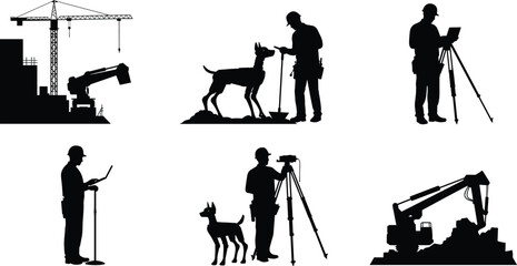 Obraz premium Silhouette of construction workers with surveying equipment, cranes, and excavators at building site, civil engineering, architecture, and land survey concept