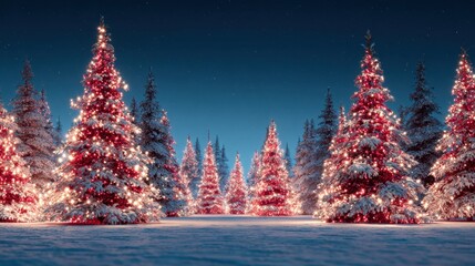 Bright red Christmas trees illuminate a snowy landscape during a clear night sky. The scene captures the festive spirit and tranquility of winter celebrations.