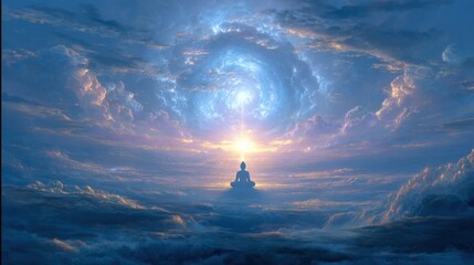 A peaceful figure sits in meditation amidst vibrant clouds with a radiant light emerging at dawn. The scene evokes a sense of tranquility and inner calm.
