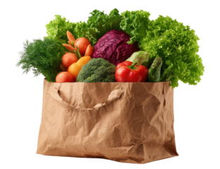 Fresh, vibrant produce overflows from a brown paper grocery bag