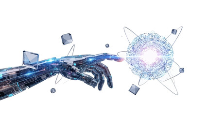 Futuristic robotic hand reaching for glowing digital atom, symbolizing innovation, artificial intelligence, and cutting edge technology for future concepts