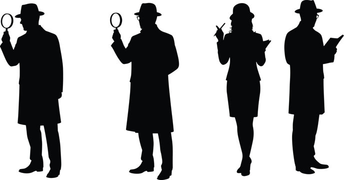 Silhouette of detectives holding magnifying glass, notebook, and cigarette, mystery investigation scene, noir style private investigator illustration, crime solving concept