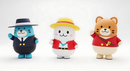 Obraz premium Three cartoon characters with hats posing against a white backdrop