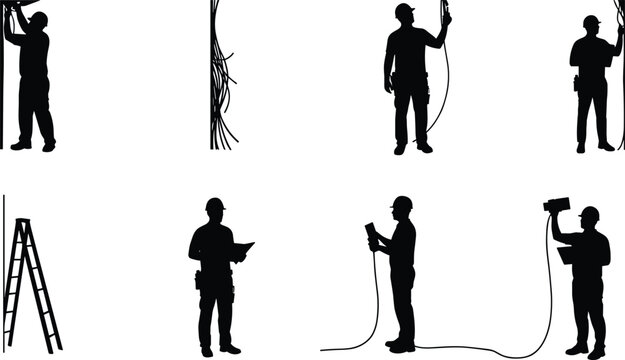 Silhouette of electricians working with cables and tools, inspecting electrical systems, installing wiring, professional maintenance, safety at work concept illustration