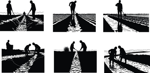 Silhouette of farmers working in irrigation field, agricultural workers maintaining water channels for crop cultivation, rural farming concept illustration
