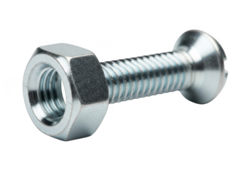 Nut and bolt fastener hardware screw metal steel silver construction industrial component isolated on transparent background