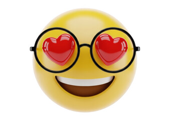 3d yellow emoji with heart eyes wearing glasses, smiling face, love emotion, valentine's day, romantic mood, happy expression, isolated on transparent background