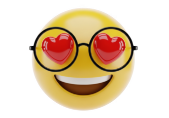 3d yellow emoji with heart eyes wearing glasses, smiling face, love emotion, valentine's day, romantic mood, happy expression, isolated on transparent background
