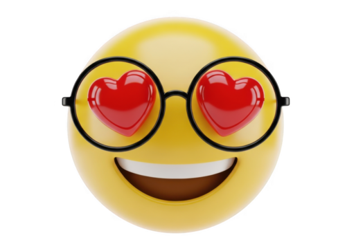3d yellow emoji with heart eyes wearing glasses, smiling face, love emotion, valentine's day, romantic mood, happy expression, isolated on transparent background