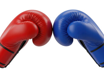 Red and blue boxing gloves facing each other, sport equipment, punching protection, sparring gear, fight club isolated on transparent background