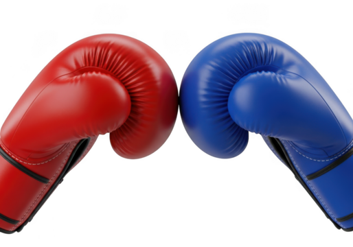Red and blue boxing gloves facing each other, sport equipment, punching protection, sparring gear, fight club isolated on transparent background