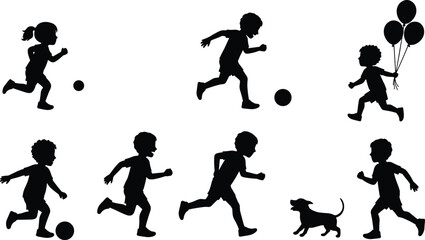 Silhouette of happy children running, playing with balls and balloons, outdoor fun activity, childhood joy, kids playing with dog illustration