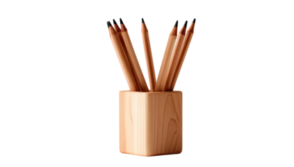 Wooden cup holding several sharpened graphite pencils on a black background
