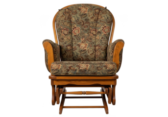 Vintage floral upholstered glider rocker chair with wooden frame furniture home decor seating isolated on transparent background