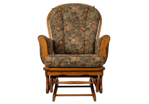 Vintage floral upholstered glider rocker chair with wooden frame furniture home decor seating isolated on transparent background