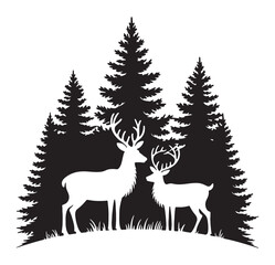 Two deer in a forest silhouette vector illustration wildlife scene for logo design and nature-themed graphics