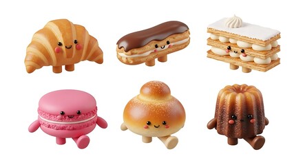 Cartoon baked goods collection on white background
