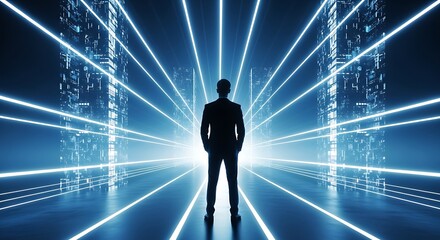 Businessman facing futuristic city with blue neon lights concept design