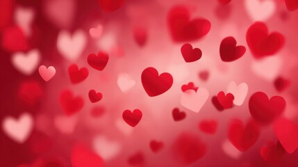 Heart shapes in various shades of red and pink fill the scene against a soft red backdrop perfect for celebrations of love and affection. The lively design is suitable for invitations or decorations.