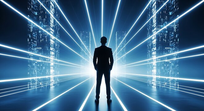 Businessman facing futuristic city with blue neon lights concept design
