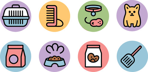 Pet care vector icons set featuring carrier, comb, collar, cat face, food bag, feeding bowl, pet bed and litter scoop, clean outline illustration pack for animal supplies and grooming designs