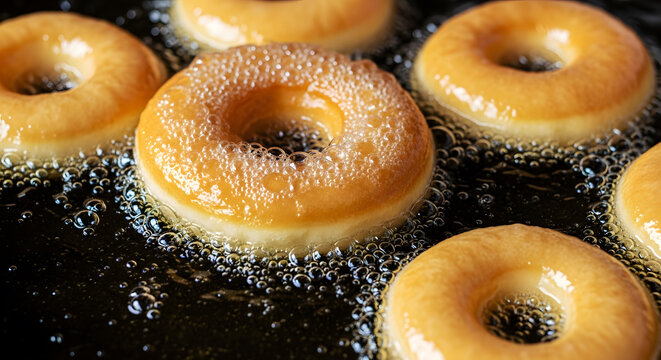 Donuts Frying in Hot Oil with Bubbles.