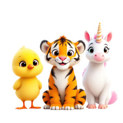 Fototapeta premium Adorable cartoon chick, tiger cub, and unicorn characters standing together, isolated on transparent background