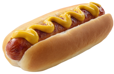 A grilled sausage smothered in mustard on a soft bun