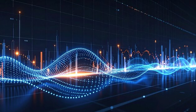 Digital Signal Waveforms and Data Visualization in Glowing Blue and Orange on Dark Grid