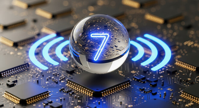 Emerging wifi 7 technology with futuristic circuitry and glowing signals. Depicting wifi 7, spherical element reflects intricate details on integrated microchips, - Powered by Adobe