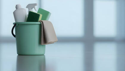 Household cleaning bucket with bottles, sponges, and cloth tools for home hygiene