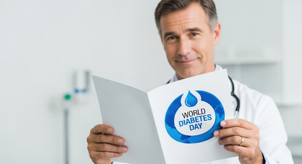 Doctor with World Diabetes Day awareness materials in office. World Diabetes Day is crucial in raising awareness of diabetes, with healthcare professionals educating patients.