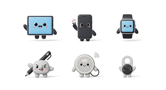 Cartoon devices smiling on white background for technology