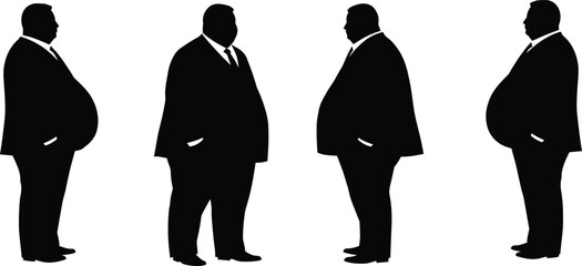 Silhouette of overweight businessman in suit, standing in profile and front view, corporate obesity concept, office lifestyle vector illustration