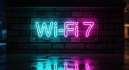 Neon sign Wi-Fi 7 glows on brick wall, symbolizing connectivity. Wi-Fi 7 represents the latest standard in networking and digital accessibility,